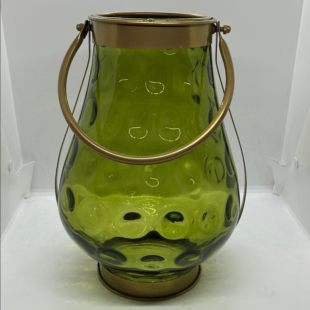 Green Glass With Gold Metal Handle Candle Holder 11” Decor